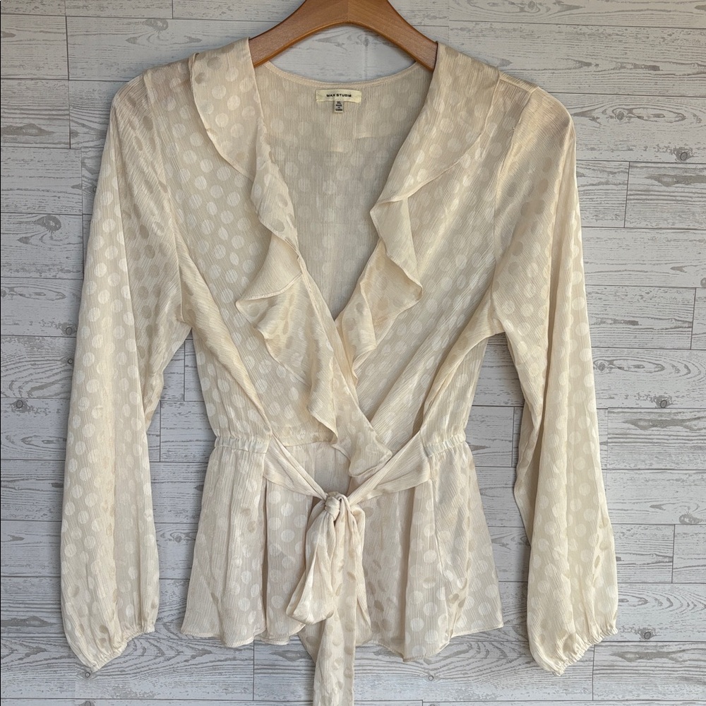 Max studio flowy shirt faux wrap polka dot sheer blouse‎ XL beachy coquette